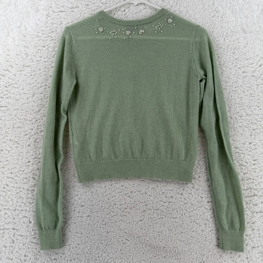 Zara Sweater Womens Small Green Beaded Pearl V Neck Cropped Knit Pullover‎ NWT